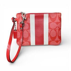 Authentic Coach Signature Stripe PVC Vermillion Red/White Wristlet Pouch F49522